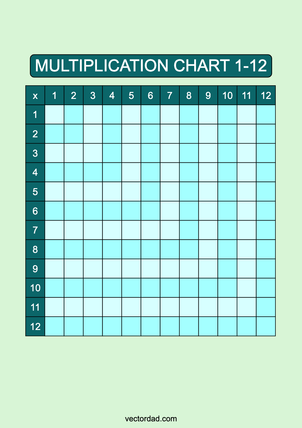 Blank Blue Lagoon Multiplication Grid Chart Printable 1 to 12 portrait Free, high quality, times table, sheet, pdf, 3rd grade, 4th grade, 5th grade, template, print, download, online, vertical