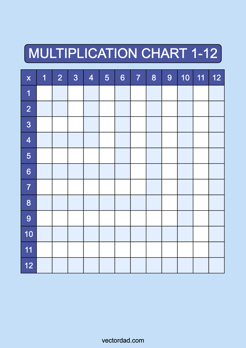 Blank Blue Multiplication Grid Chart Printable 1 to 12 portrait Free, high quality, times table, sheet, pdf, 3rd grade, 4th grade, 5th grade, template, print, download, online, vertical