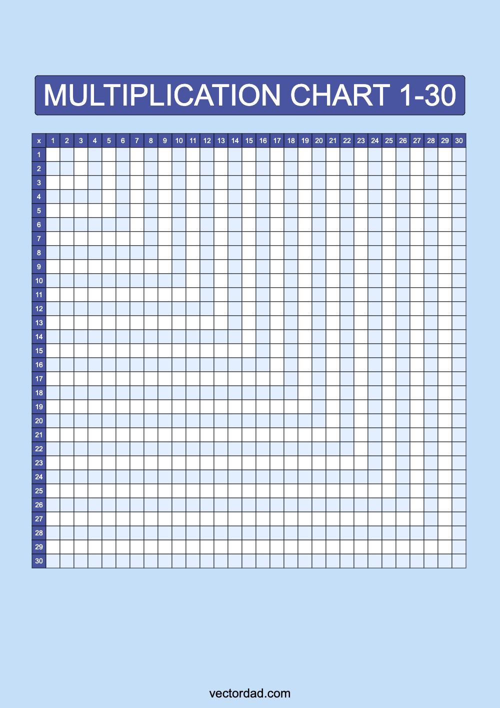 Blank Blue Multiplication Grid Chart Printable 1 to 30 portrait Free, high quality, times table, sheet, pdf, 3rd grade, 4th grade, 5th grade, template, print, download, online, vertical