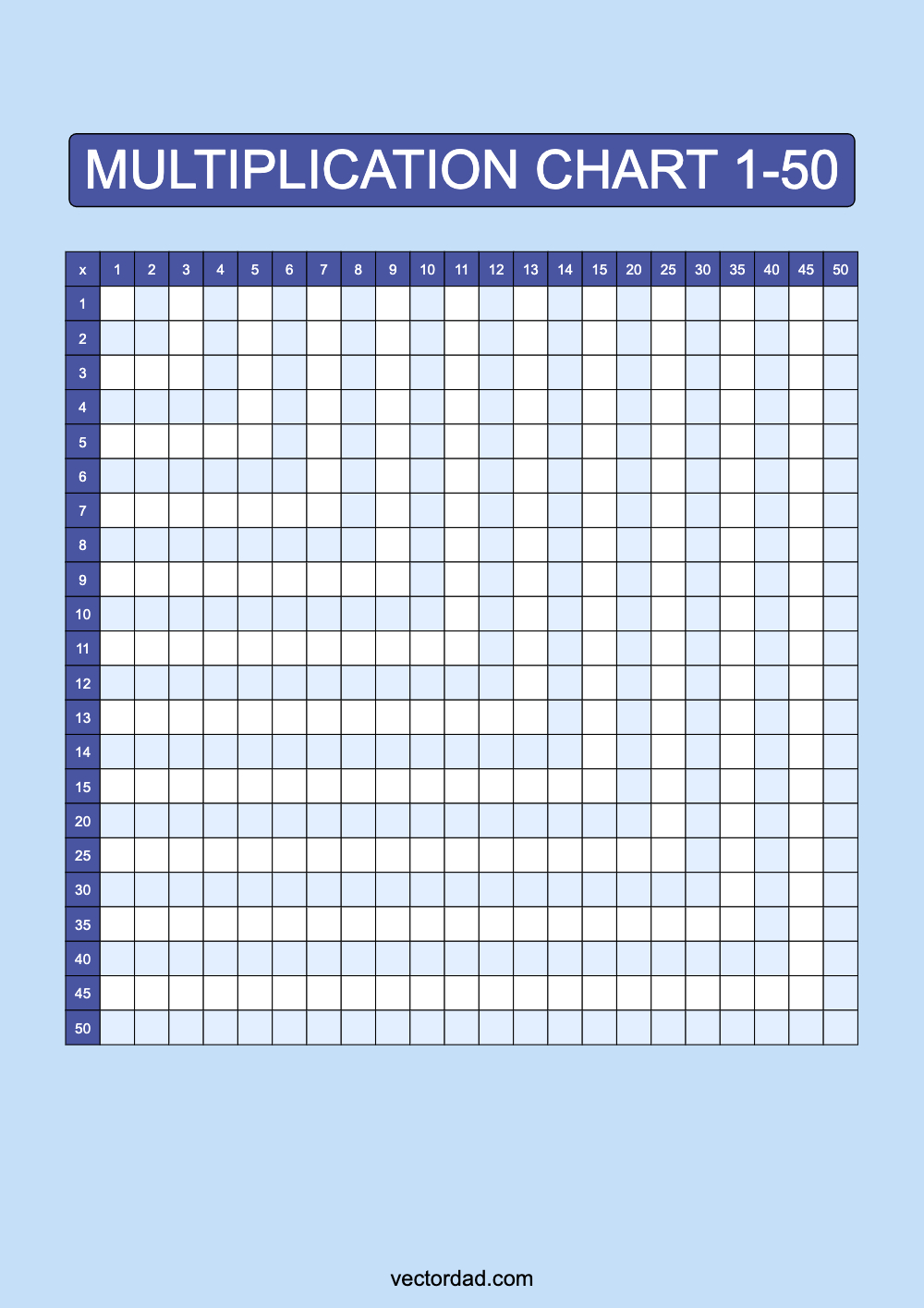 Blank Blue Multiplication Grid Chart Printable 1 to 50 portrait Free, high quality, times table, sheet, pdf, 3rd grade, 4th grade, 5th grade, template, print, download, online, vertical