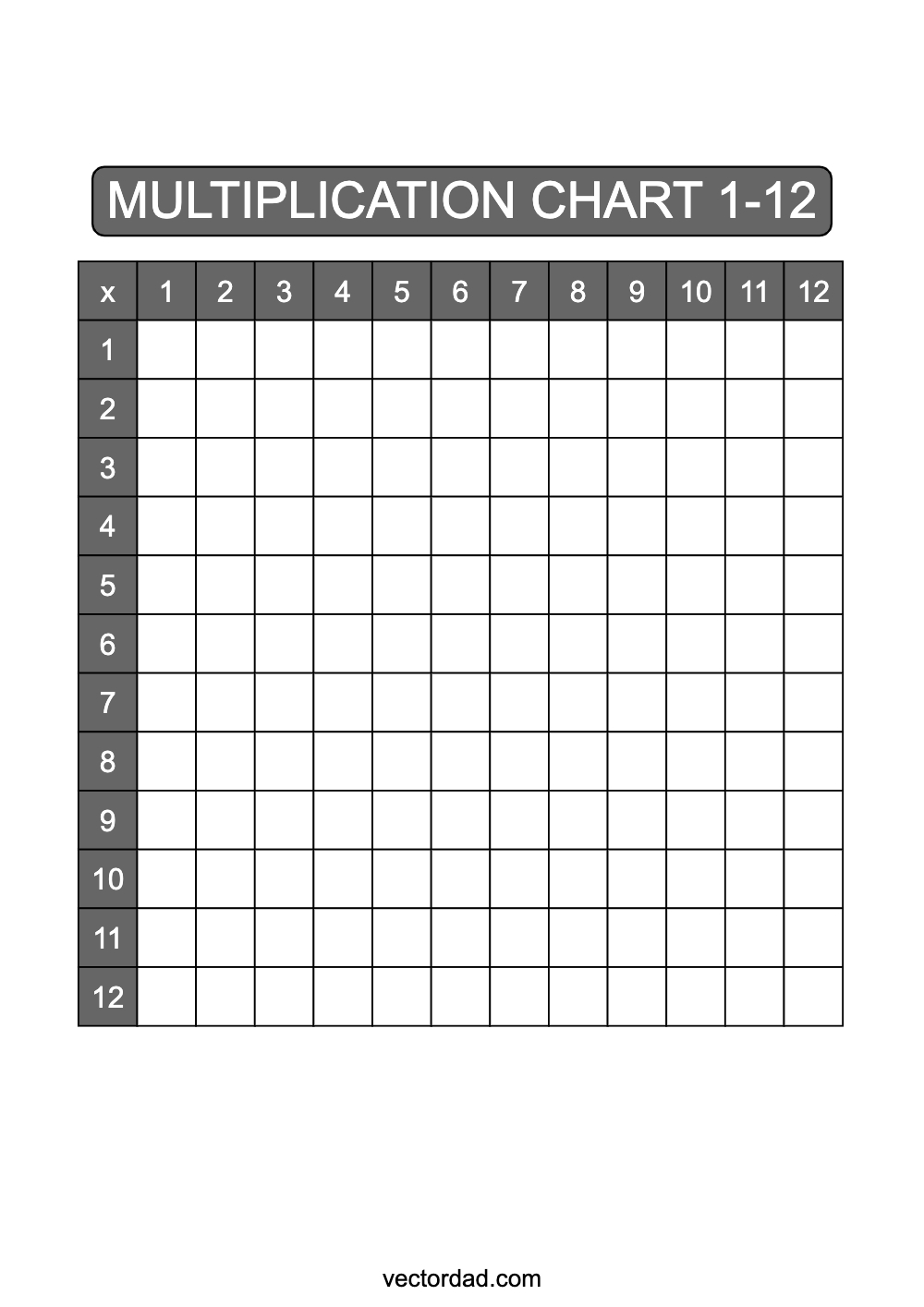 Blank Grey Multiplication Chart Printable 1 to 12 portrait Free, high quality, times table, sheet, pdf, blank, empty, 3rd grade, 4th grade, 5th grade, template, print, download, online, vertical