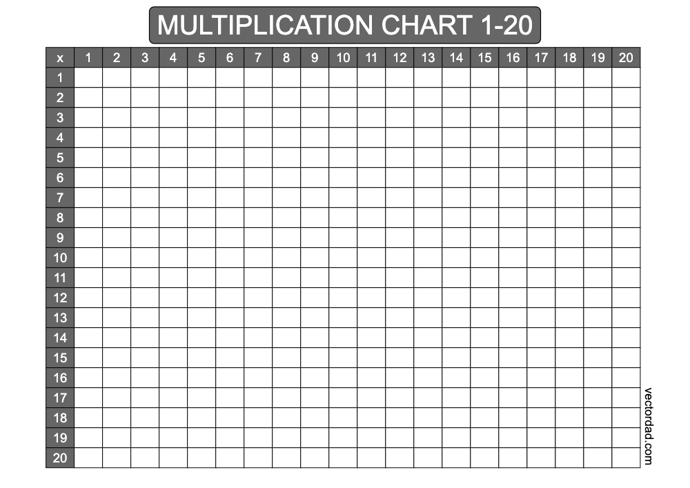 horizontal Grey blank multiplication-chart 1-20 landscape Printable Free, high quality, times table, sheet, pdf, blank, empty, 3rd grade, 4th grade, 5th grade, template, print, download, online