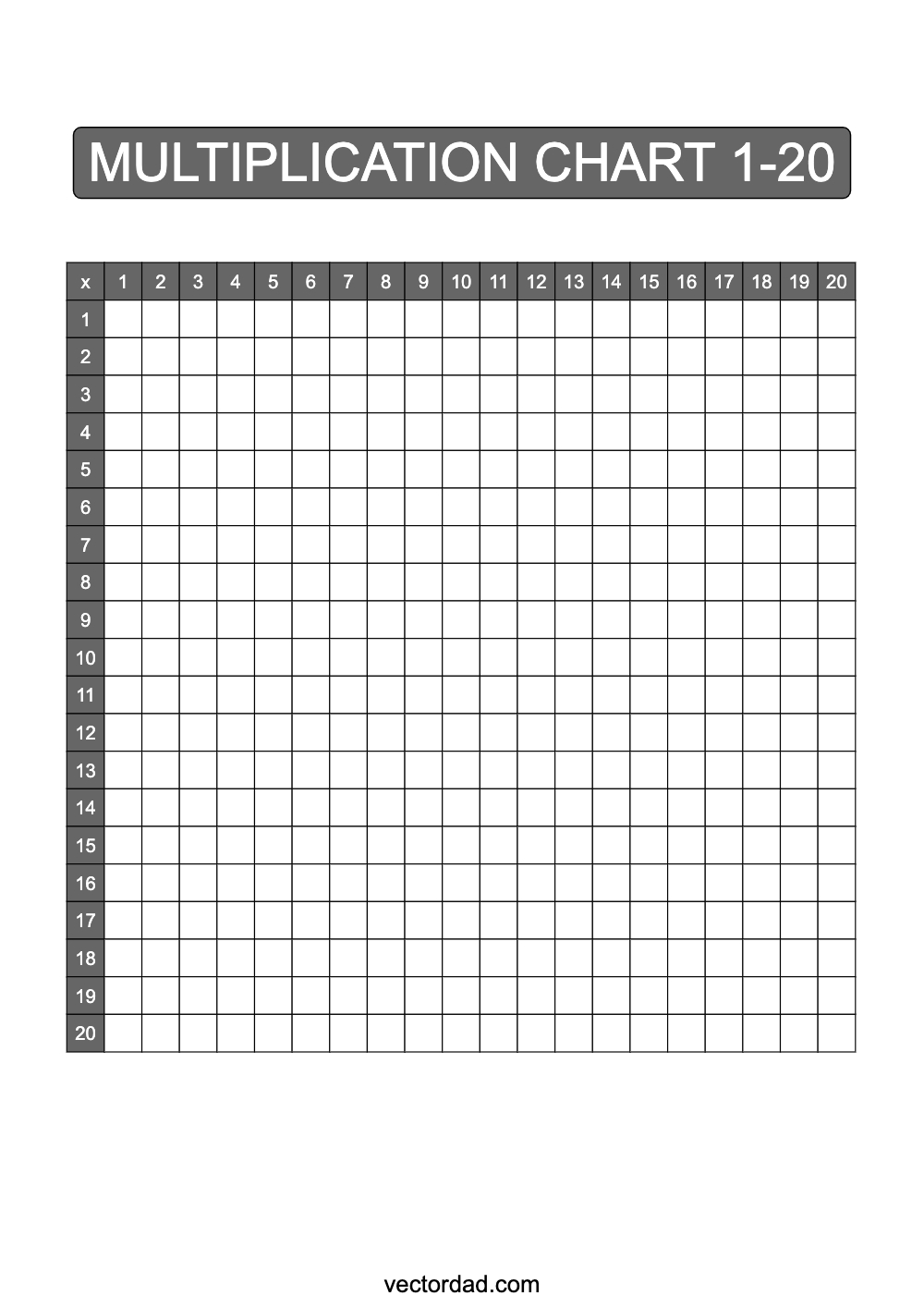 Blank Grey Multiplication Chart Printable 1 to 20 portrait Free, high quality, times table, sheet, pdf, blank, empty, 3rd grade, 4th grade, 5th grade, template, print, download, online, vertical