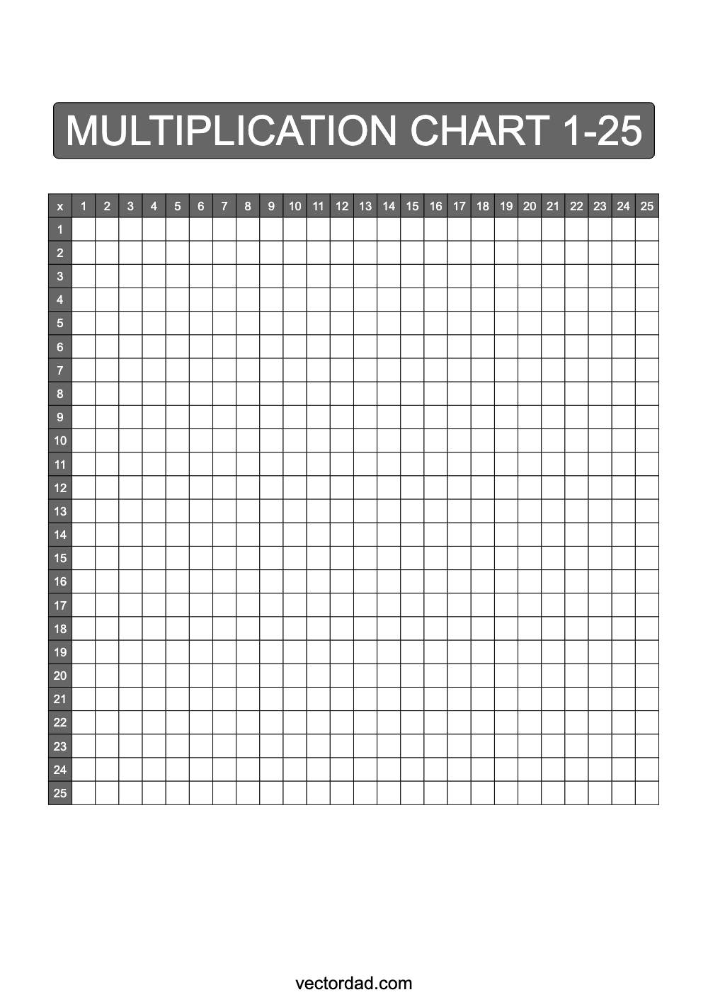 Blank Grey Multiplication Chart Printable 1 to 25 portrait Free, high quality, times table, sheet, pdf, blank, empty, 3rd grade, 4th grade, 5th grade, template, print, download, online, vertical