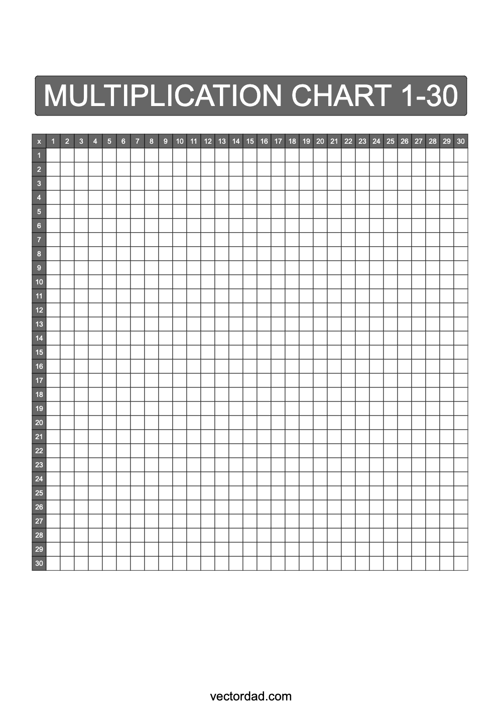 Blank Grey Multiplication Chart Printable 1 to 30 portrait Free, high quality, times table, sheet, pdf, blank, empty, 3rd grade, 4th grade, 5th grade, template, print, download, online, vertical