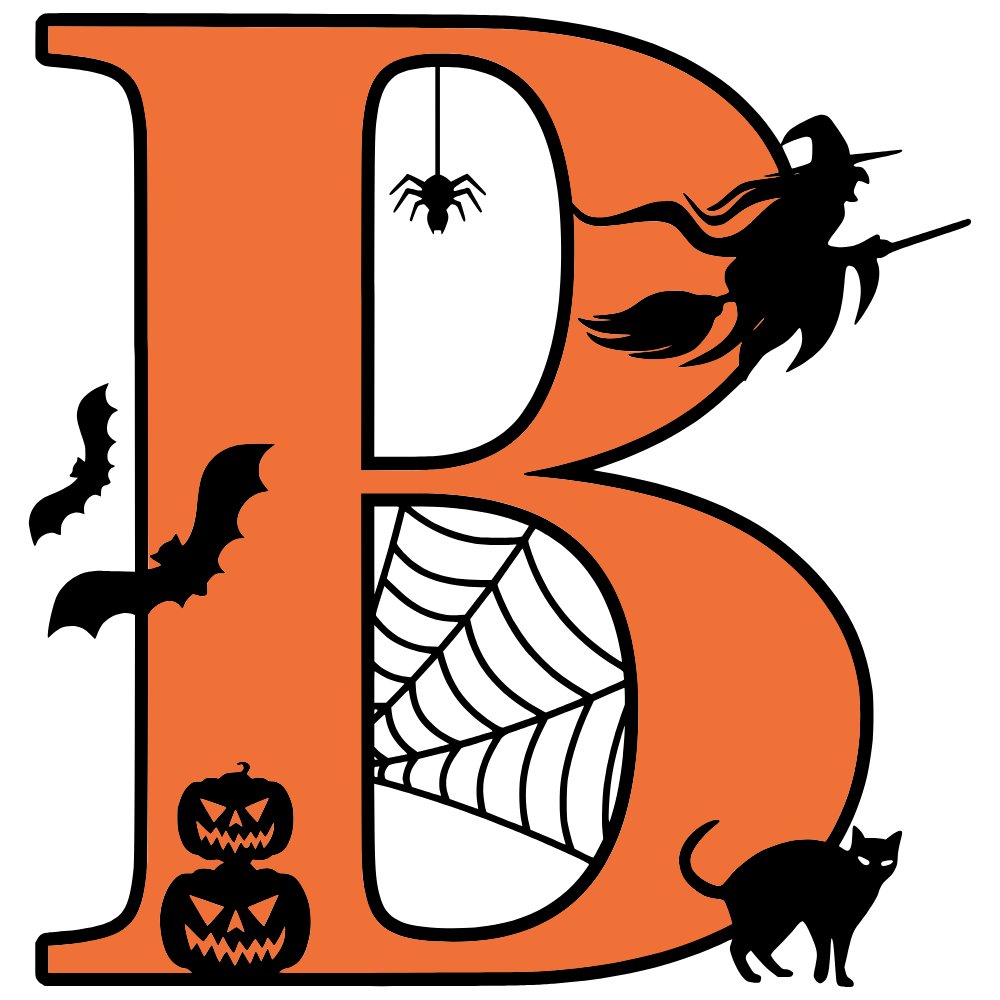 Free printable Halloween letter B. Alphabet clipart, spooky, font, stencil coloring page sheet, template with spider and cob web pattern digital download.