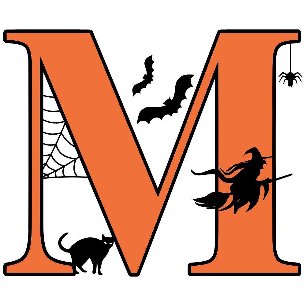 Free printable Halloween letter M. Alphabet clipart, spooky, font, stencil coloring page sheet, template with spider and cob web pattern digital download.