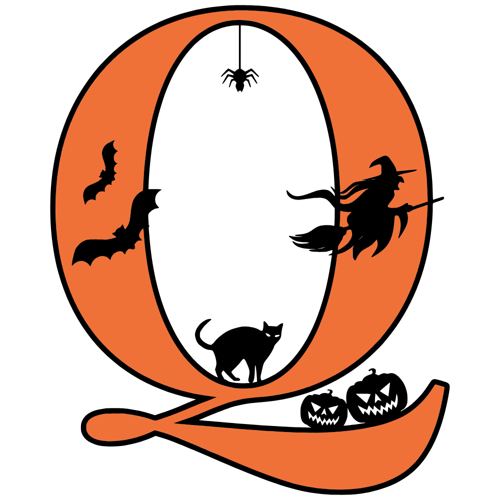 Free printable Halloween letter Q. Alphabet clipart, spooky, font, stencil coloring page sheet, template with spider and cob web pattern digital download.
