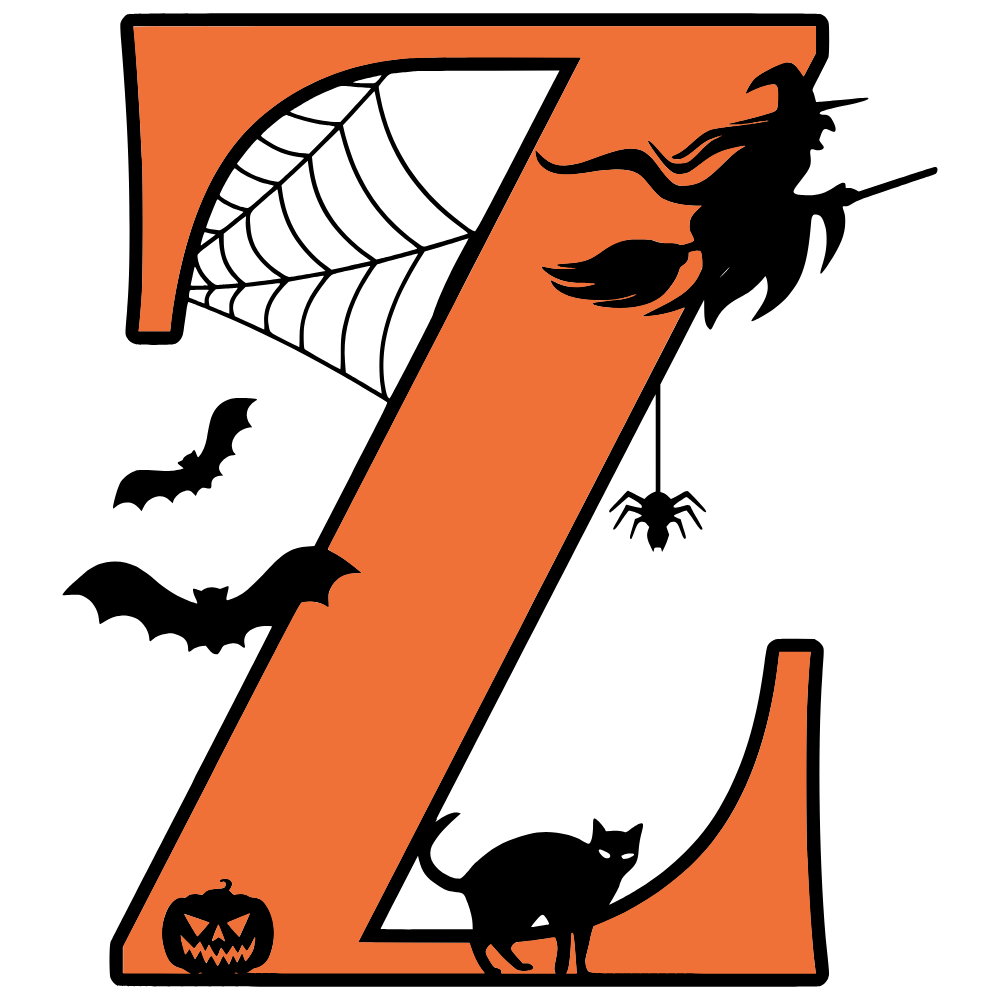 Free printable Halloween letter Z. Alphabet clipart, spooky, font, stencil coloring page sheet, template with spider and cob web pattern digital download.