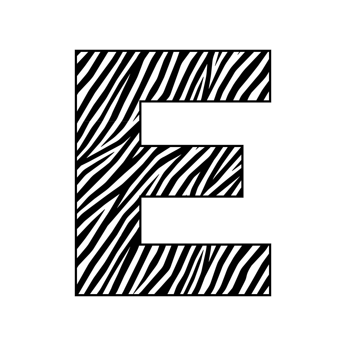 Free printable zebra letter E. serif printable zebra, number printable alphabet patterns print download svg, png, pdf, jpg pattern