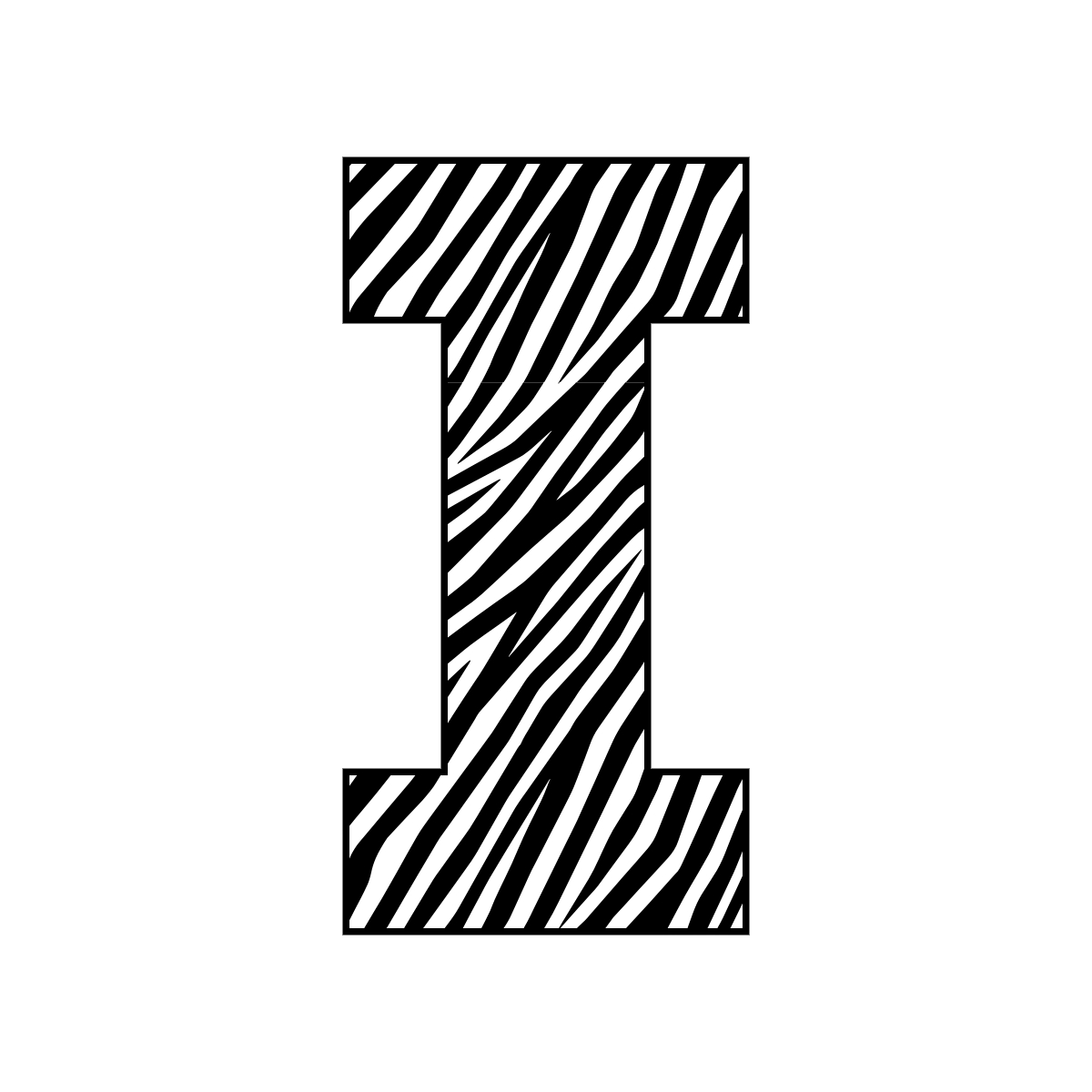 Free printable zebra letter I. serif printable zebra, number printable alphabet patterns print download svg, png, pdf, jpg pattern