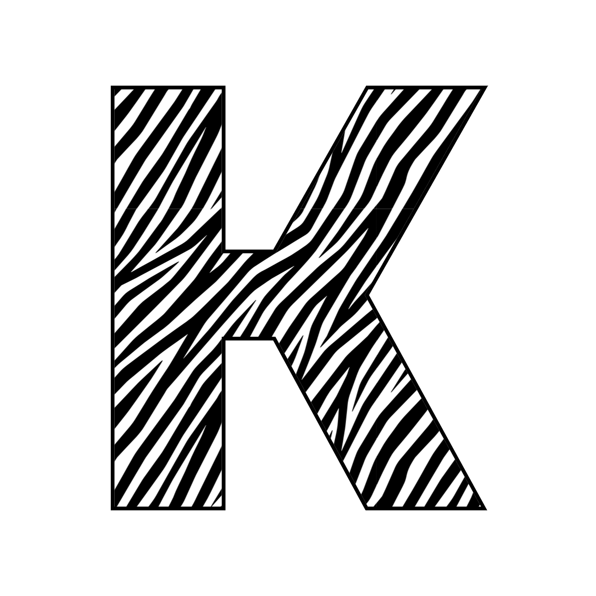 Free printable zebra letter K. serif printable zebra, number printable alphabet patterns print download svg, png, pdf, jpg pattern