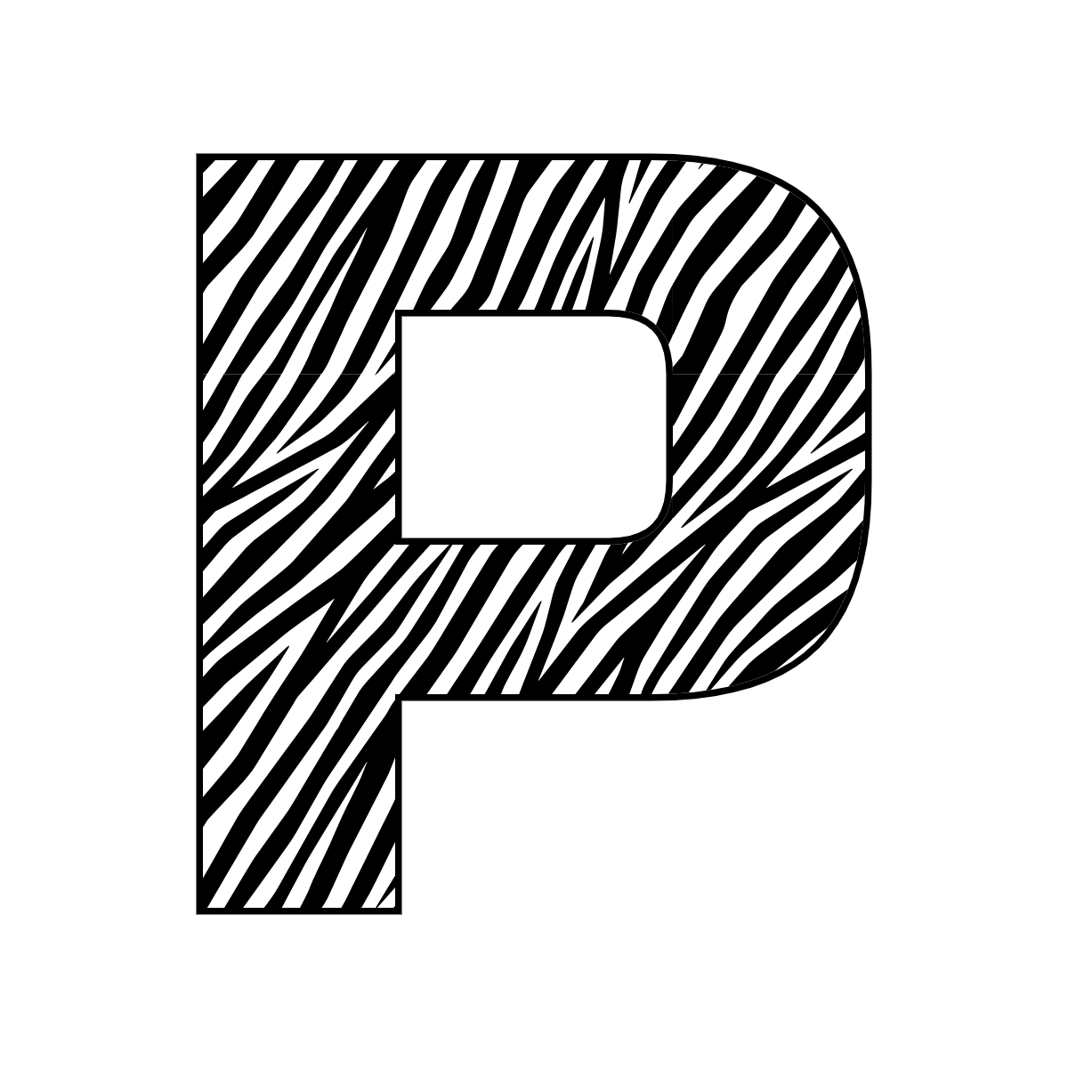Free printable zebra letter P. serif printable zebra, number printable alphabet patterns print download svg, png, pdf, jpg pattern