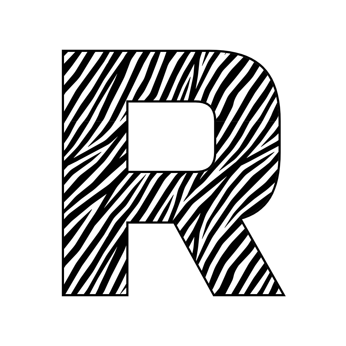 Free printable zebra letter R. serif printable zebra, number printable alphabet patterns print download svg, png, pdf, jpg pattern