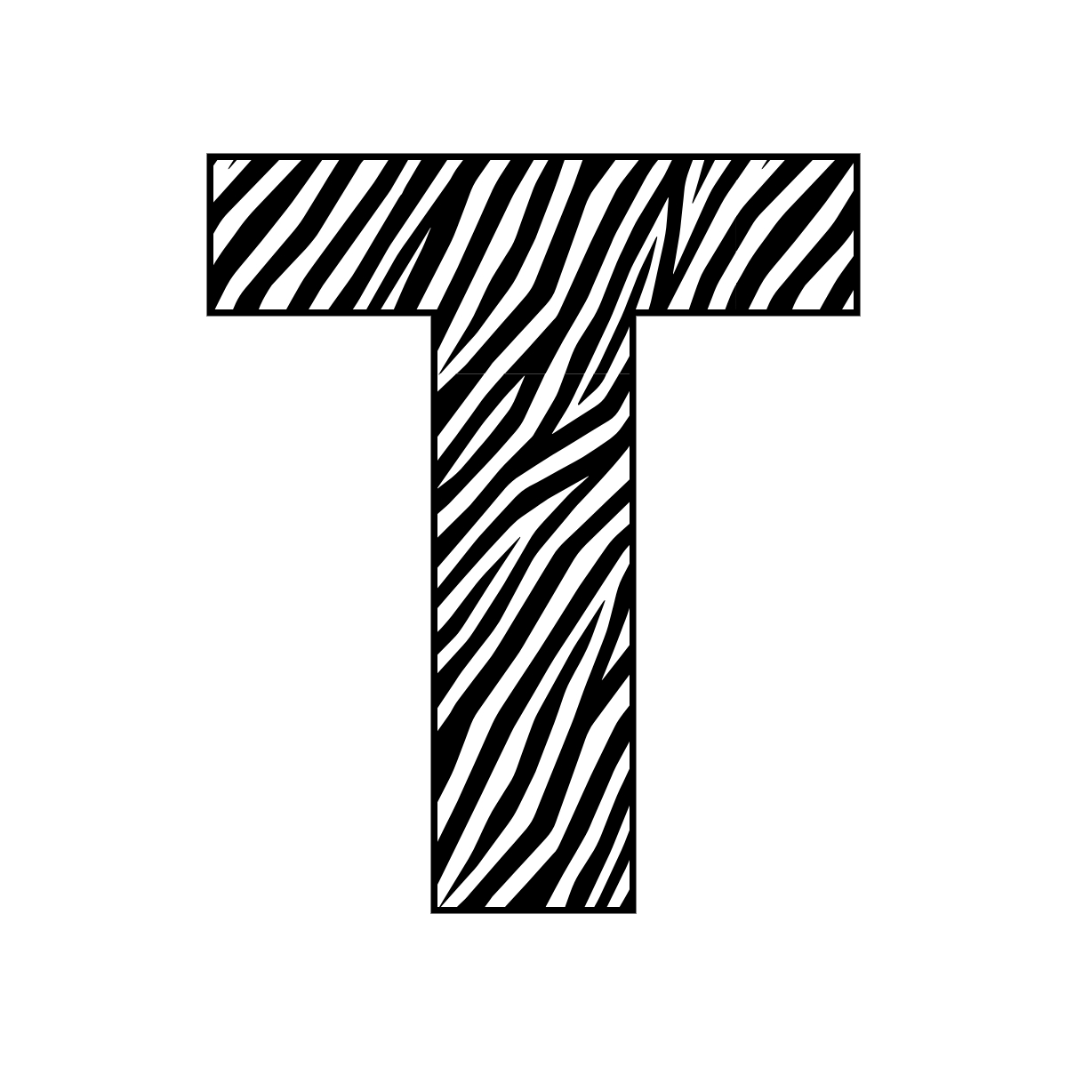 Free printable zebra letter T. serif printable zebra, number printable alphabet patterns print download svg, png, pdf, jpg pattern