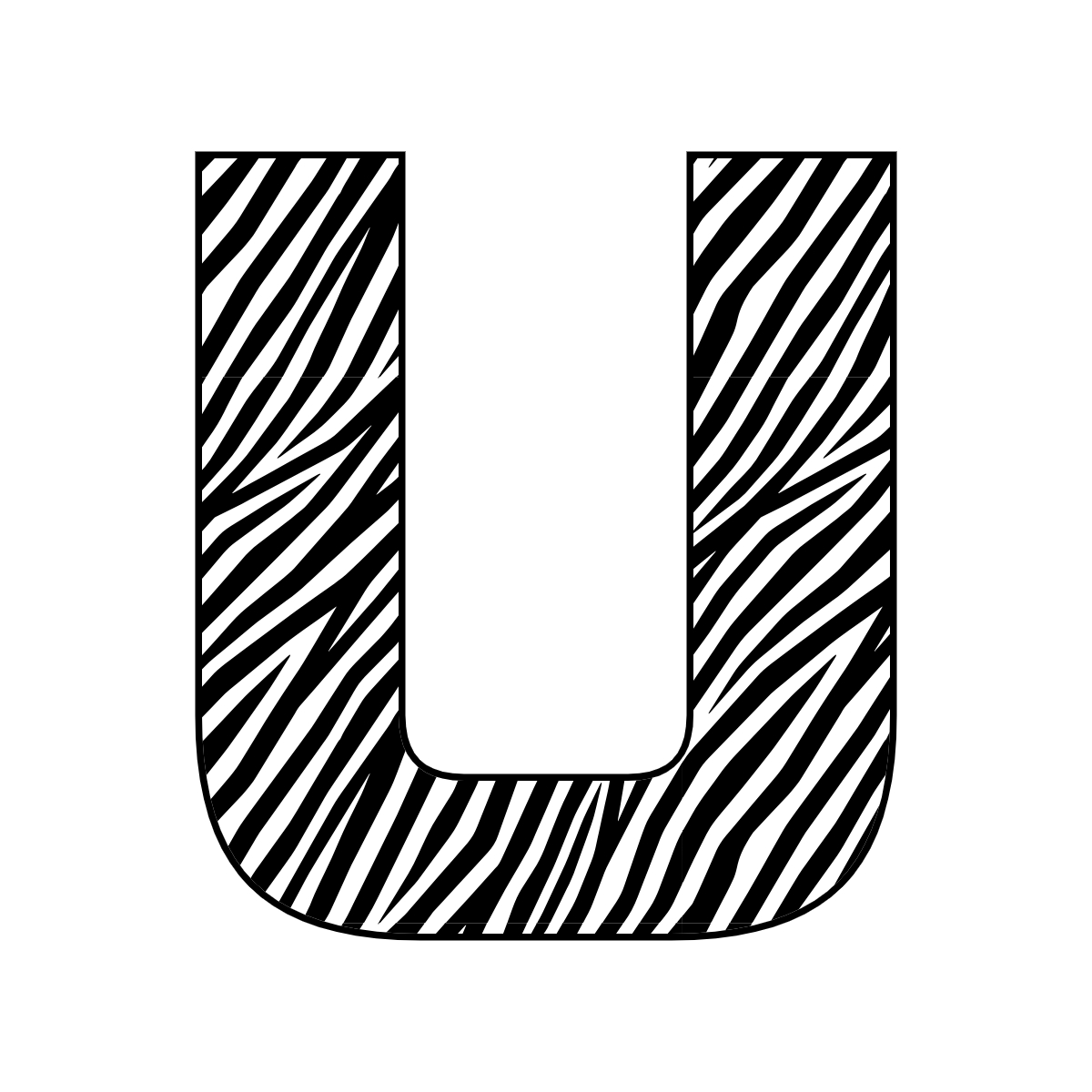 Free printable zebra letter U. serif printable zebra, number printable alphabet patterns print download svg, png, pdf, jpg pattern