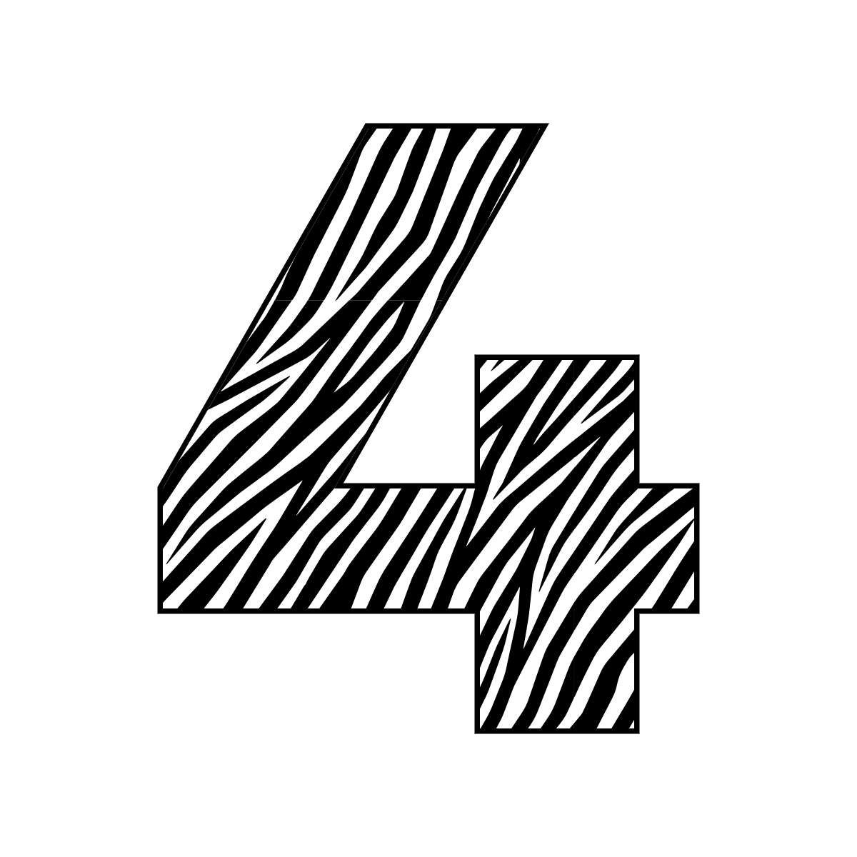 Free printable zebra number 4,  serif printable zebra, number printable alphabet patterns print download svg, png, pdf, jpg pattern.