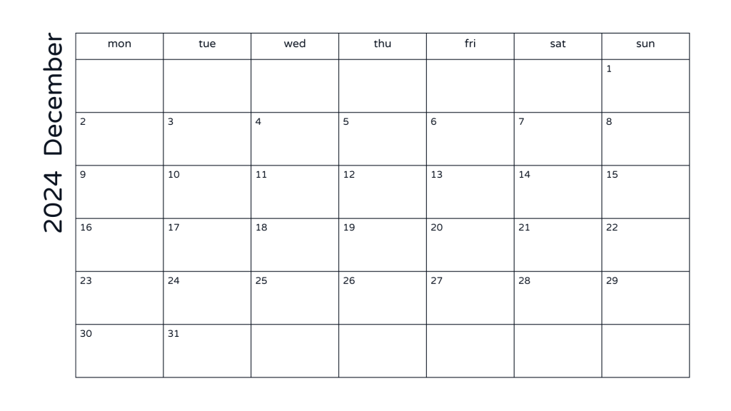 Printable monthly calendar, December 2024, Portrait. Free, printable, monthly, calendar, pdf, png, print, download.
