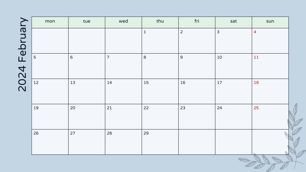 Printable monthly calendar, February 2024, Portrait. Free, printable, monthly, calendar, pdf, png, print, download.