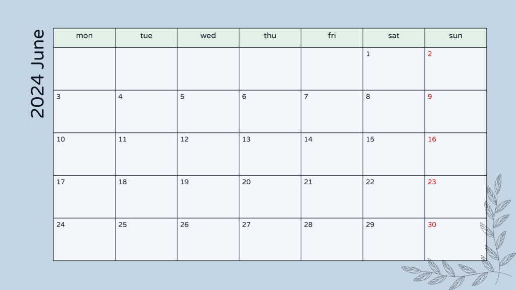 Printable monthly calendar, June 2024, Portrait. Free, printable, monthly, calendar, pdf, png, print, download.