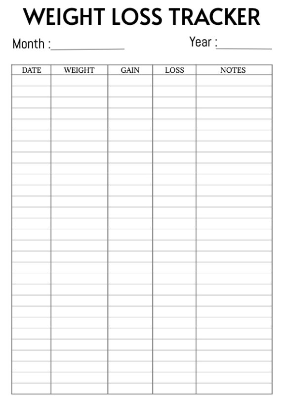Free Printable Black And White Minimalist Weight Loss Tracker