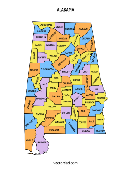 Printable Multi Colored Map Of Alabama County