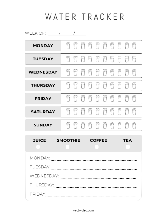 Free Printable Greyscale Weekly Water Tracker Template