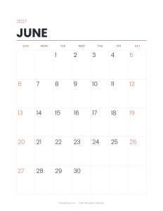 June 2027 minimalist printable calendar