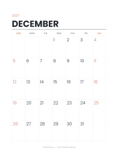 December 2027 minimalist printable calendar