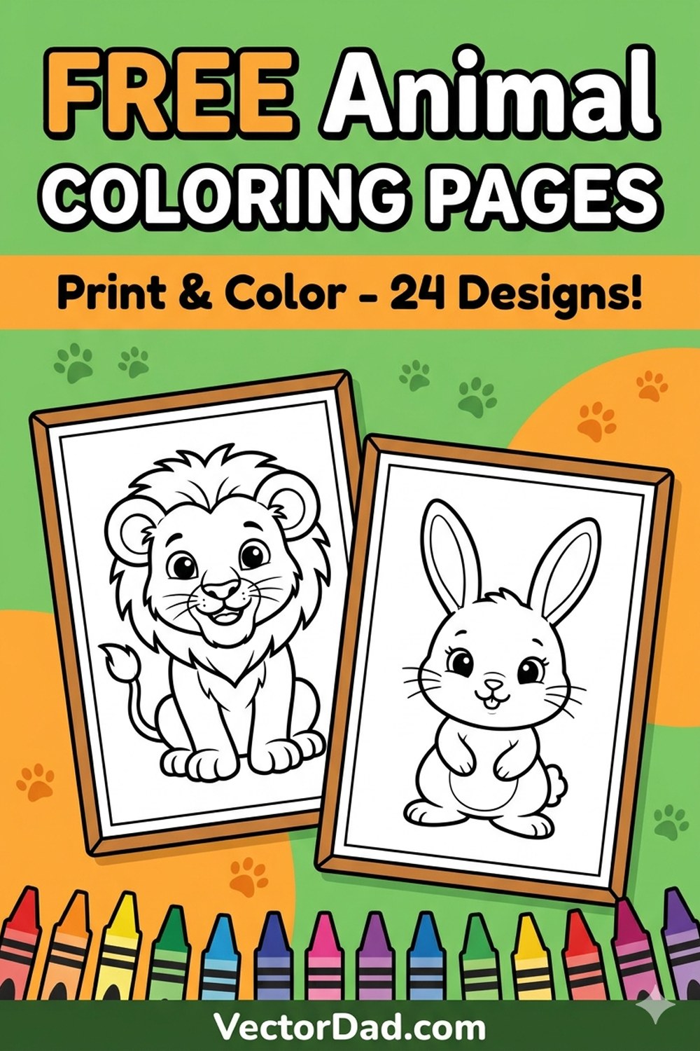 Free animal coloring pages Pinterest pin - 24 printable designs for kids from VectorDad