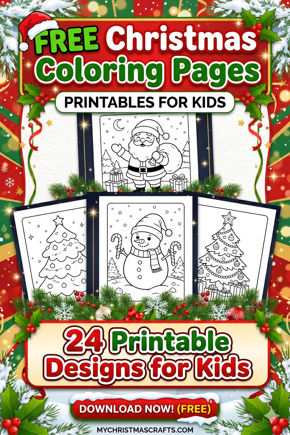 Free Christmas coloring pages Pinterest pin - 24 printable designs for kids from VectorDad