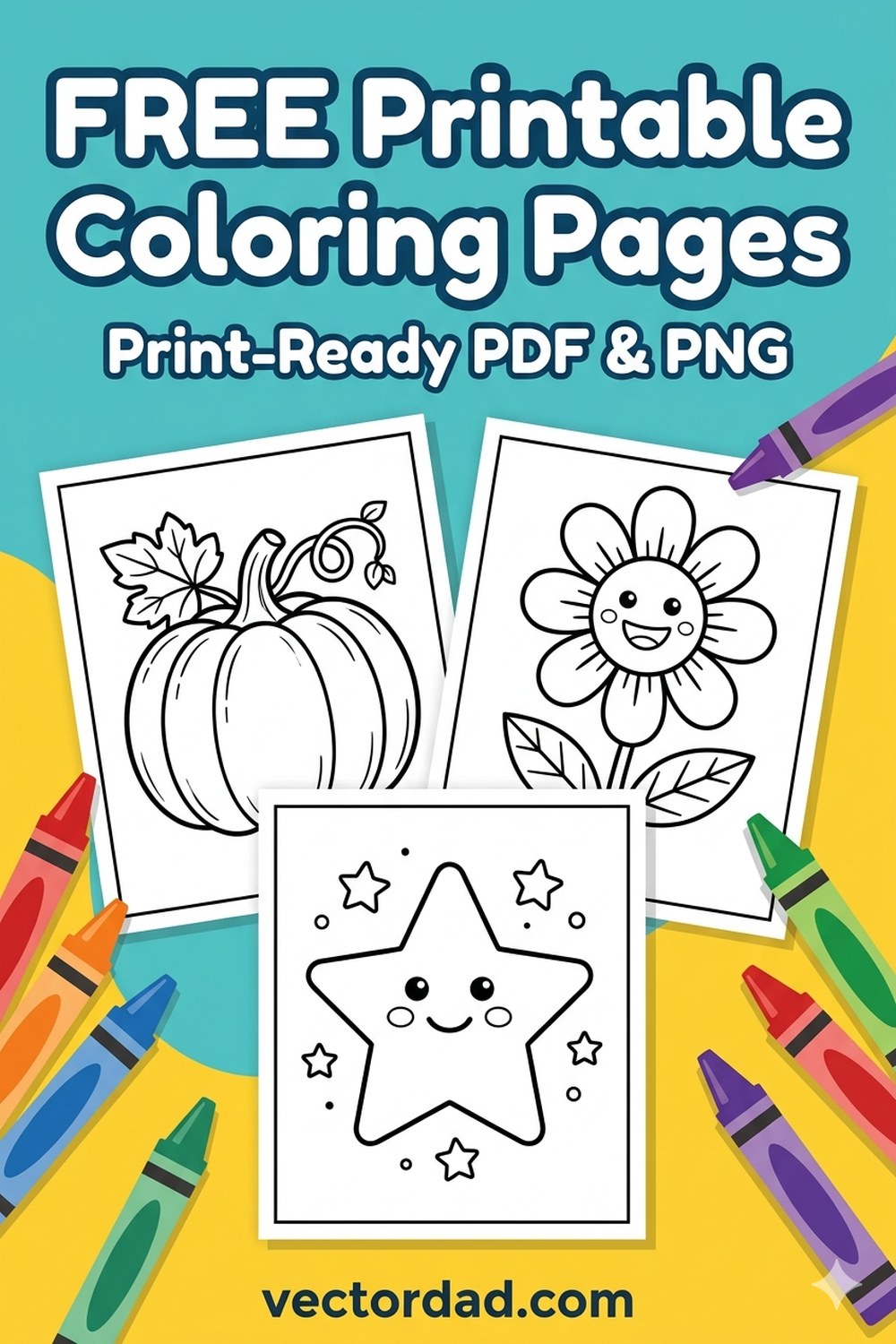 Free printable coloring pages Pinterest pin - print-ready PDF and PNG designs from VectorDad