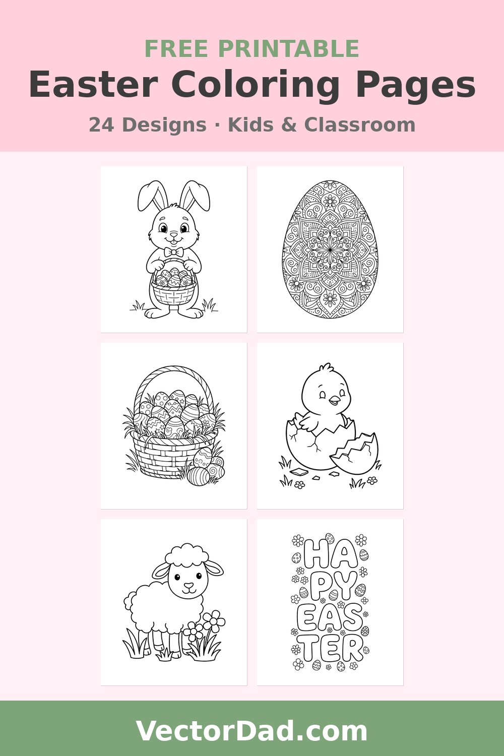 Free Easter coloring pages Pinterest pin - 24 printable designs for kids from VectorDad
