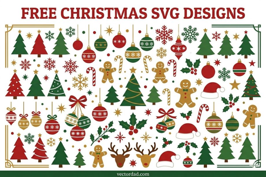 Free Christmas SVG designs collage - Christmas tree, snowflakes, ornament and gingerbread cut files for Cricut and Silhouette