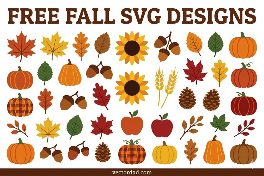 Free fall SVG designs collage - maple leaves, pumpkins, acorns and sunflower cut files for Cricut and Silhouette