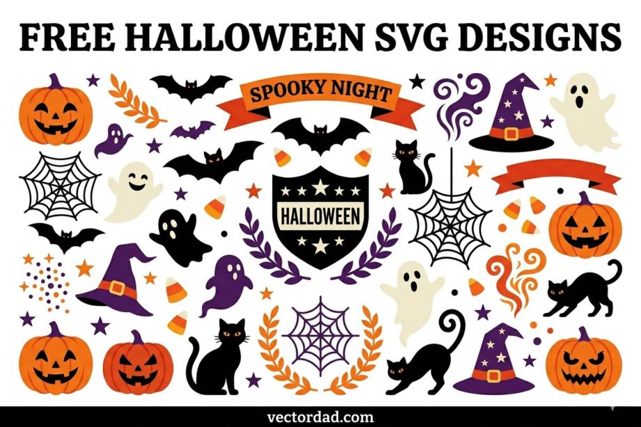 Free Halloween SVG designs collage - jack-o-lantern, ghost, bat, witch hat and candy corn cut files for Cricut and Silhouette