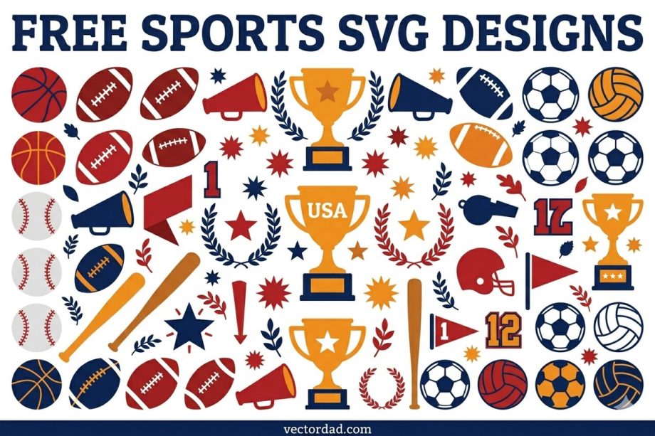 Free sports SVG designs collage - basketball, football, baseball, soccer and trophy cut files for Cricut and Silhouette