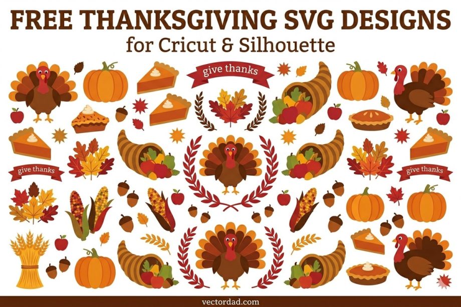 Free Thanksgiving SVG designs collage - turkey, pumpkin pie, cornucopia and give thanks cut files for Cricut and Silhouette
