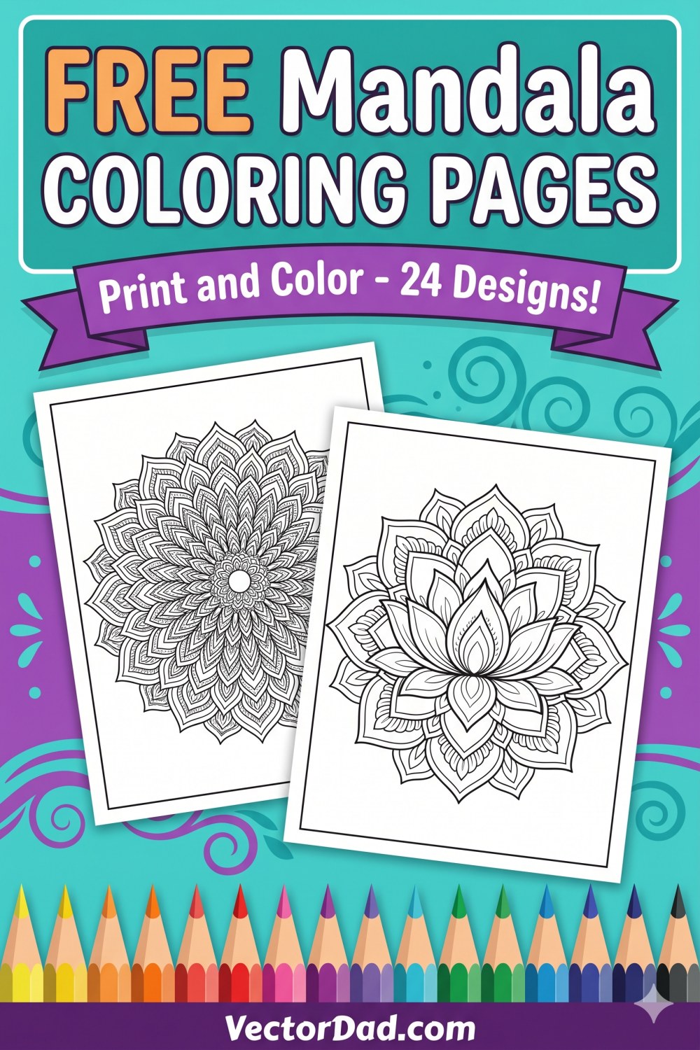 Free mandala coloring pages Pinterest pin - 24 printable designs for adults from VectorDad