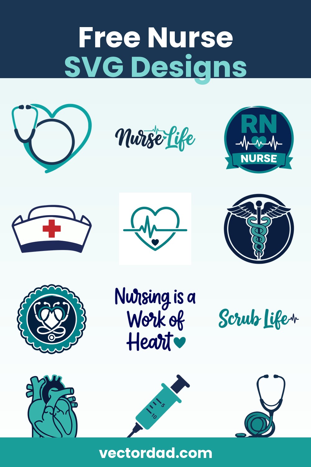 Nurse SVG designs Pinterest pin - free nurse and medical cut files for Cricut and Silhouette from VectorDad