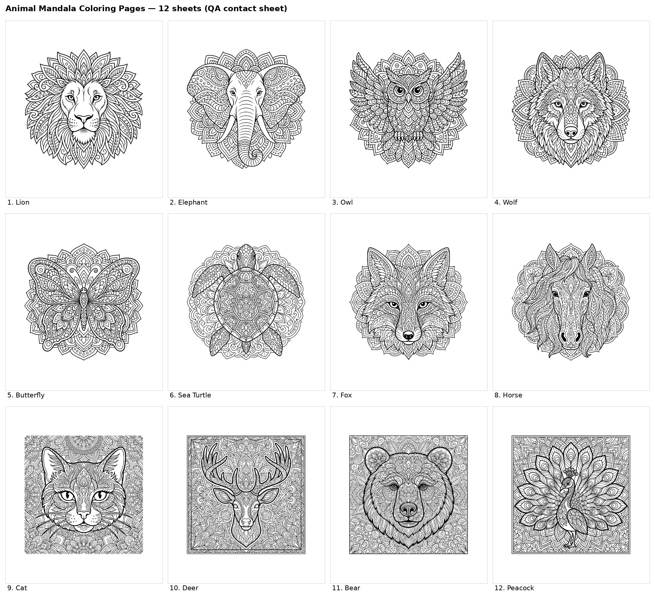 Free animal mandala coloring pages - 12 printable designs