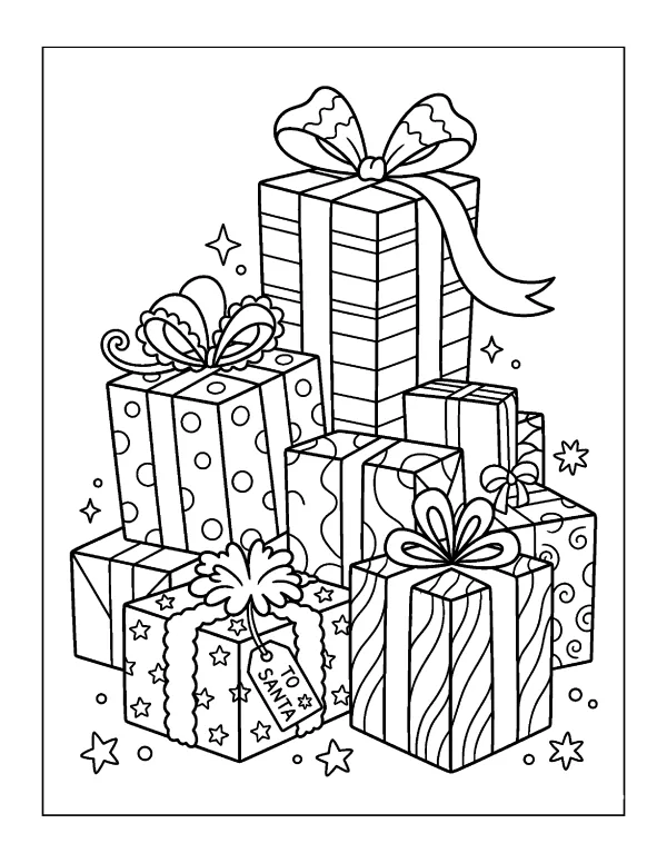 Pile of Presents Christmas coloring page - free printable