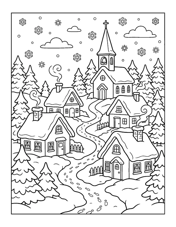 Winter Village Christmas coloring page - free printable