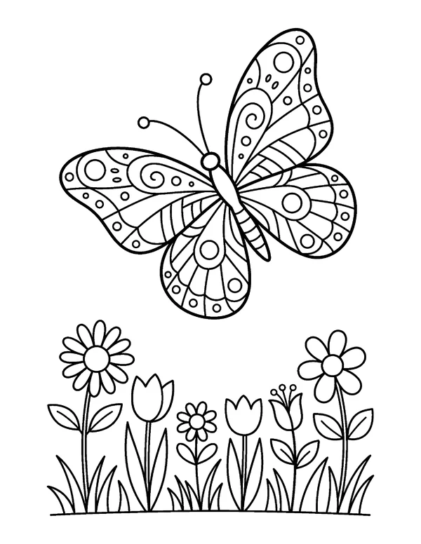 Butterfly Over Flowers Easter coloring page - free printable
