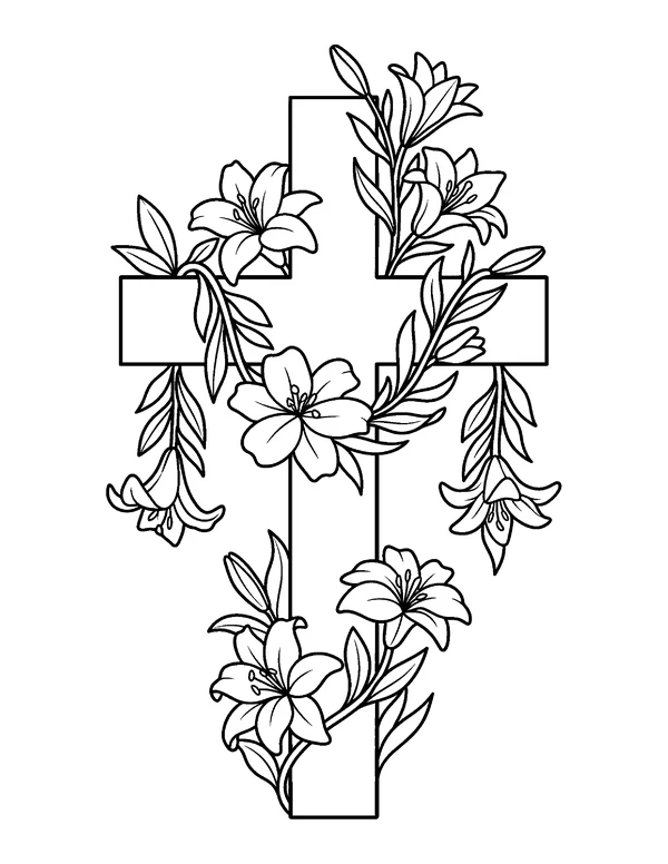 Cross with Lilies Easter coloring page - free printable