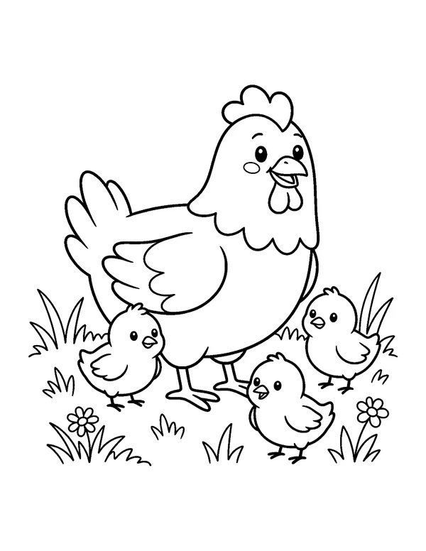 Mother Hen & Chicks Easter coloring page - free printable