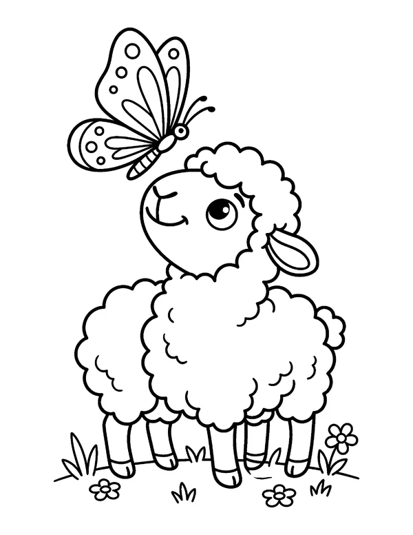 Lamb with Butterfly Easter coloring page - free printable