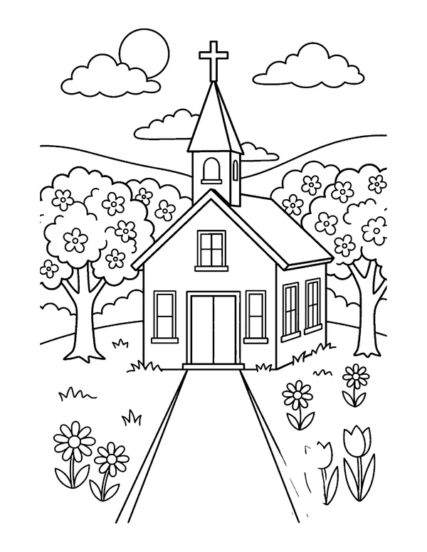Church with Spring Trees Easter coloring page - free printable