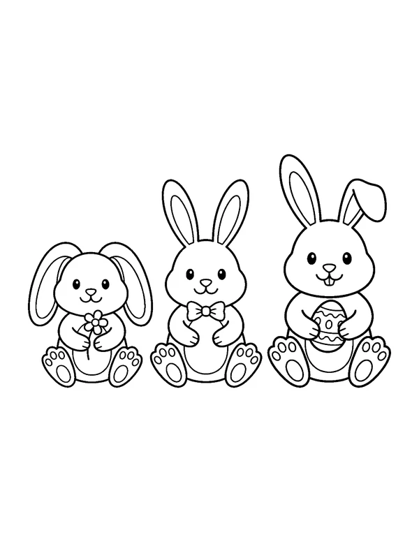 Three Bunnies in a Row Easter coloring page - free printable