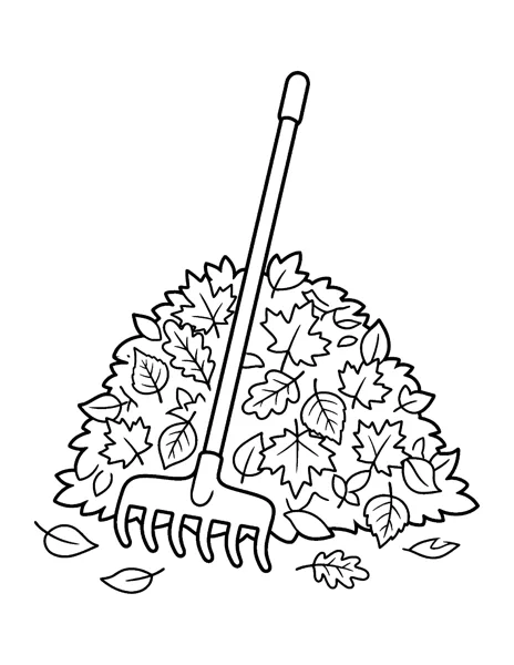 Rake and Leaf Pile fall coloring page - free printable